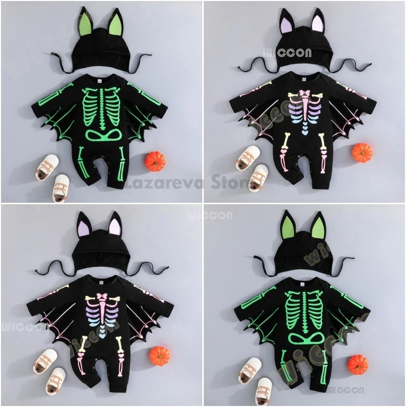 Infant Baby Halloween Cosplay Costume Boy Girl Luminous Skull Bat Costume Kids Dark Glow Clothes Wing Party Funny Cute Outift