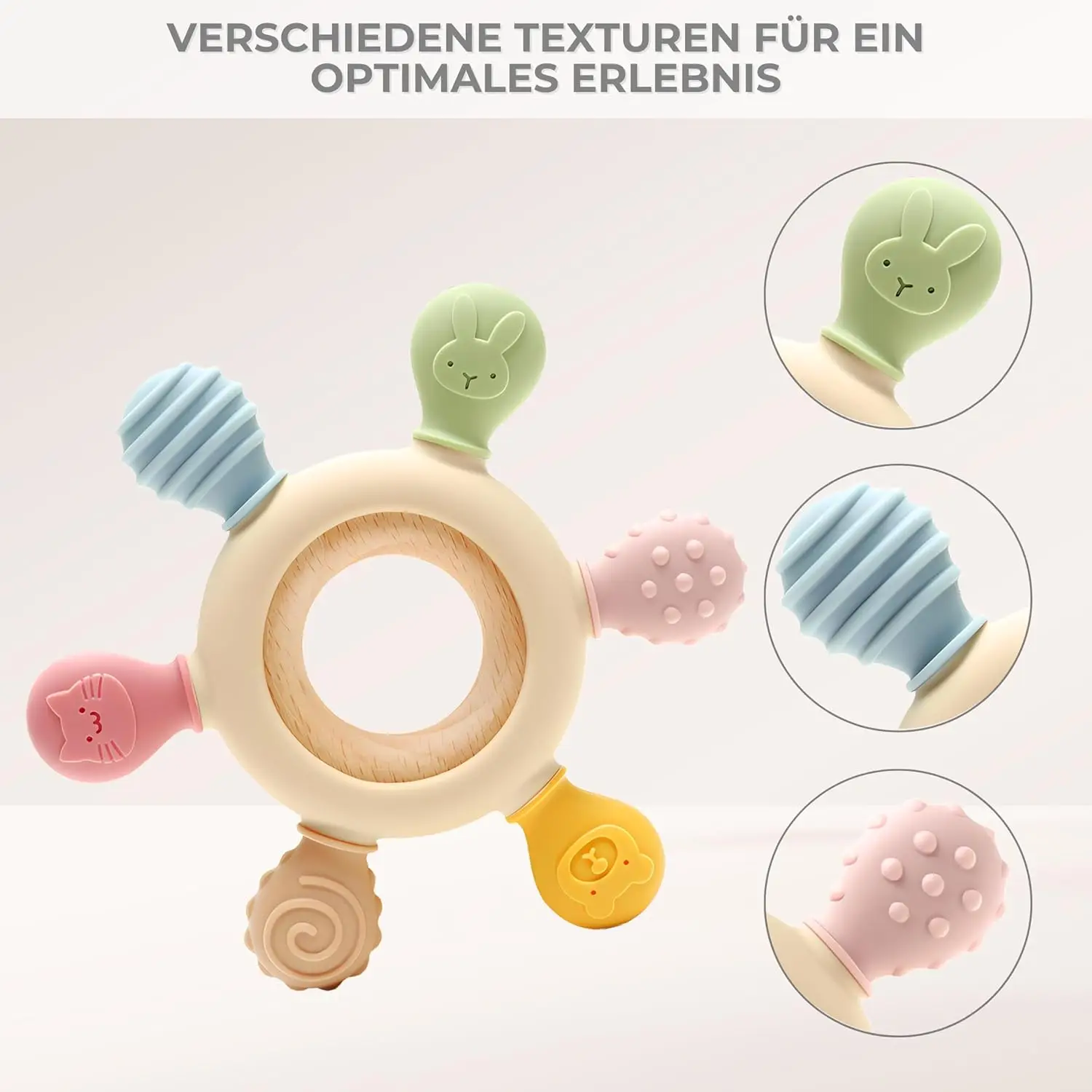 Baby-Beißring – Beißspielzeug mit Tiermotiv aus Silikon und Holz, zur Pflege von Babys