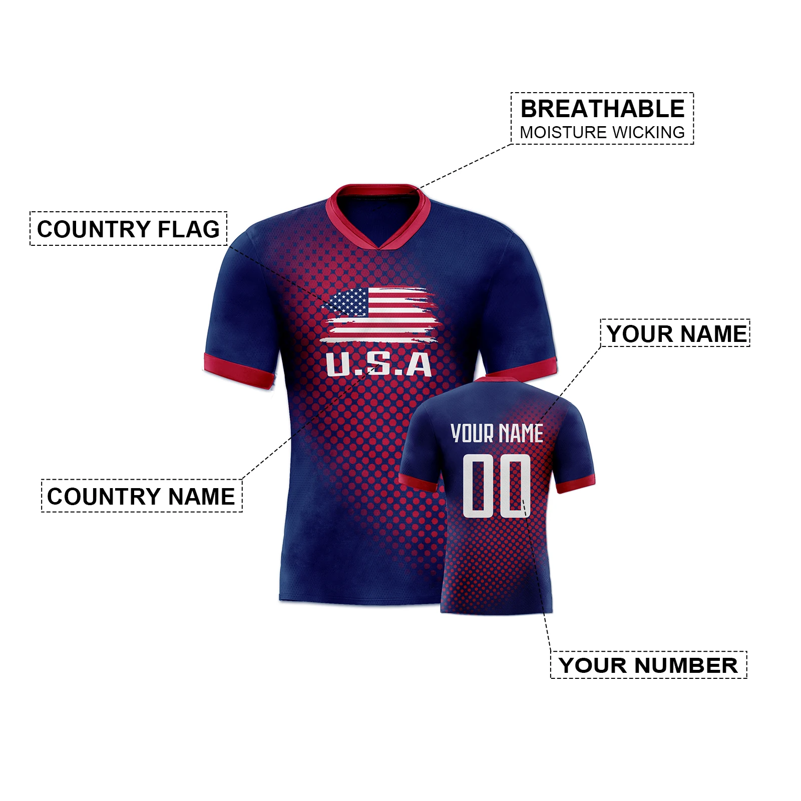 Personalized USA Soccer Jersey Youth Custom Name Number Football Training Shirt Quick-Dry Soccer Uniform for Men Women Youth