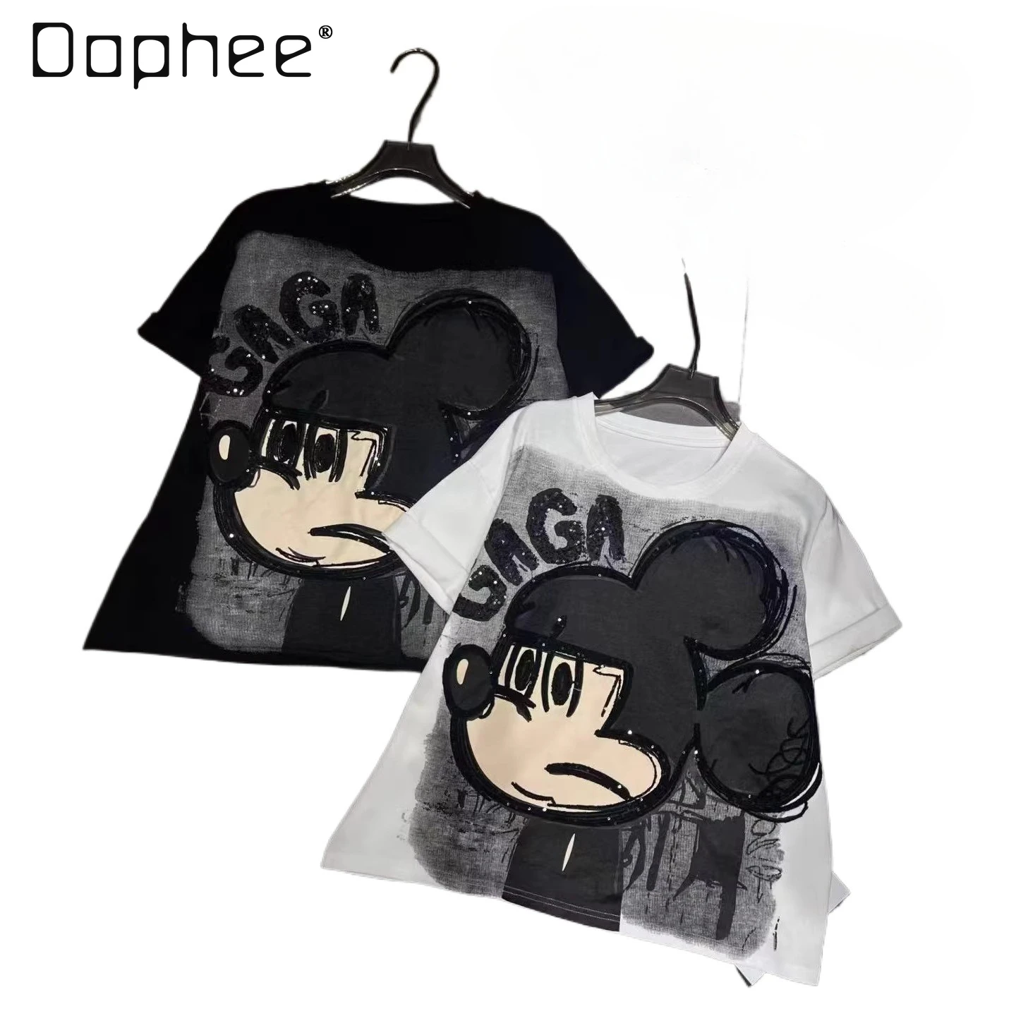 

European T-shirt Women's 2026 Summer New Casual Fashion Loose Letter Cartoon Printing Embroidered Short-sleeved Top Tide Tee