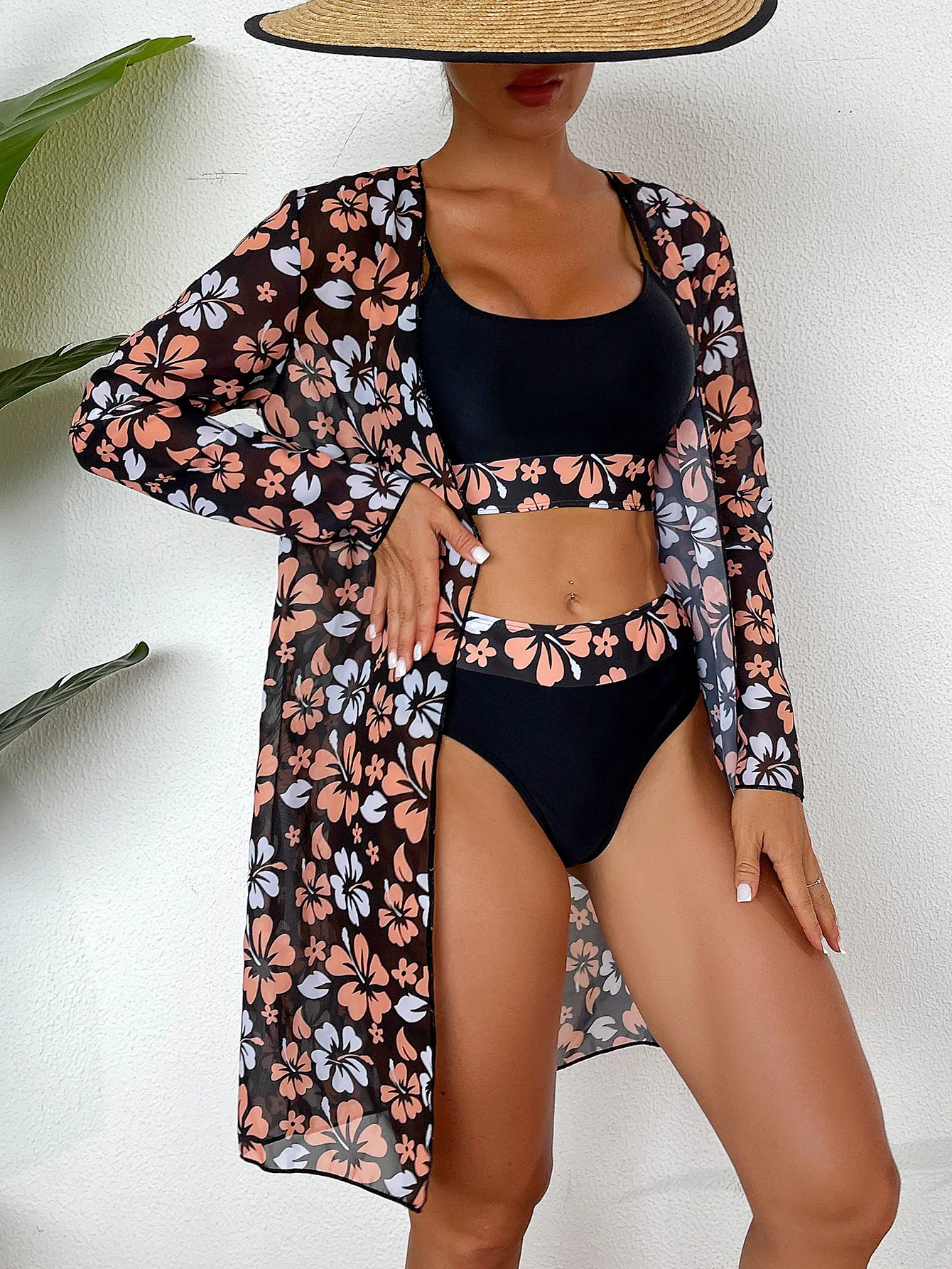 

Women Floral Print Mesh Cover Up Three Piece Bikini Set Spaghetti Strap High Waist Two‑Piece Swimwear With Long Sleeve Kimono