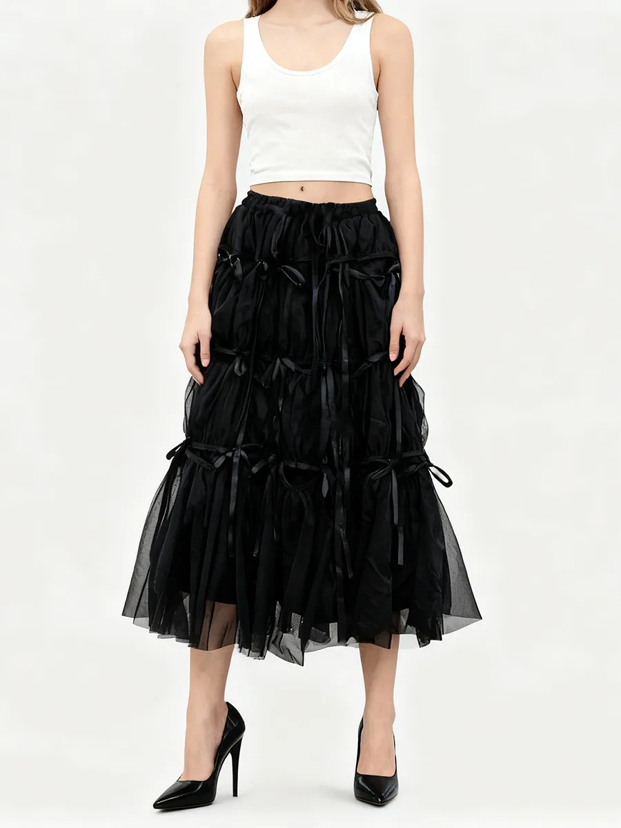 TWOTWINSTYLE Loose Spliced Bowknot Fashion Skirts for Women High Waist Patchwork Shirring Long Skirt Female Autumn Clothing New