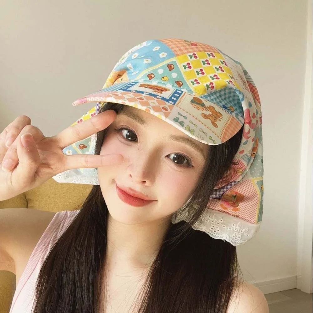 Cycling Rural Style Headscarf Baseball Hat Lace Breathable Scarf Peaked Cap Cotton Floral Strappy Bandana Cap Outdoor