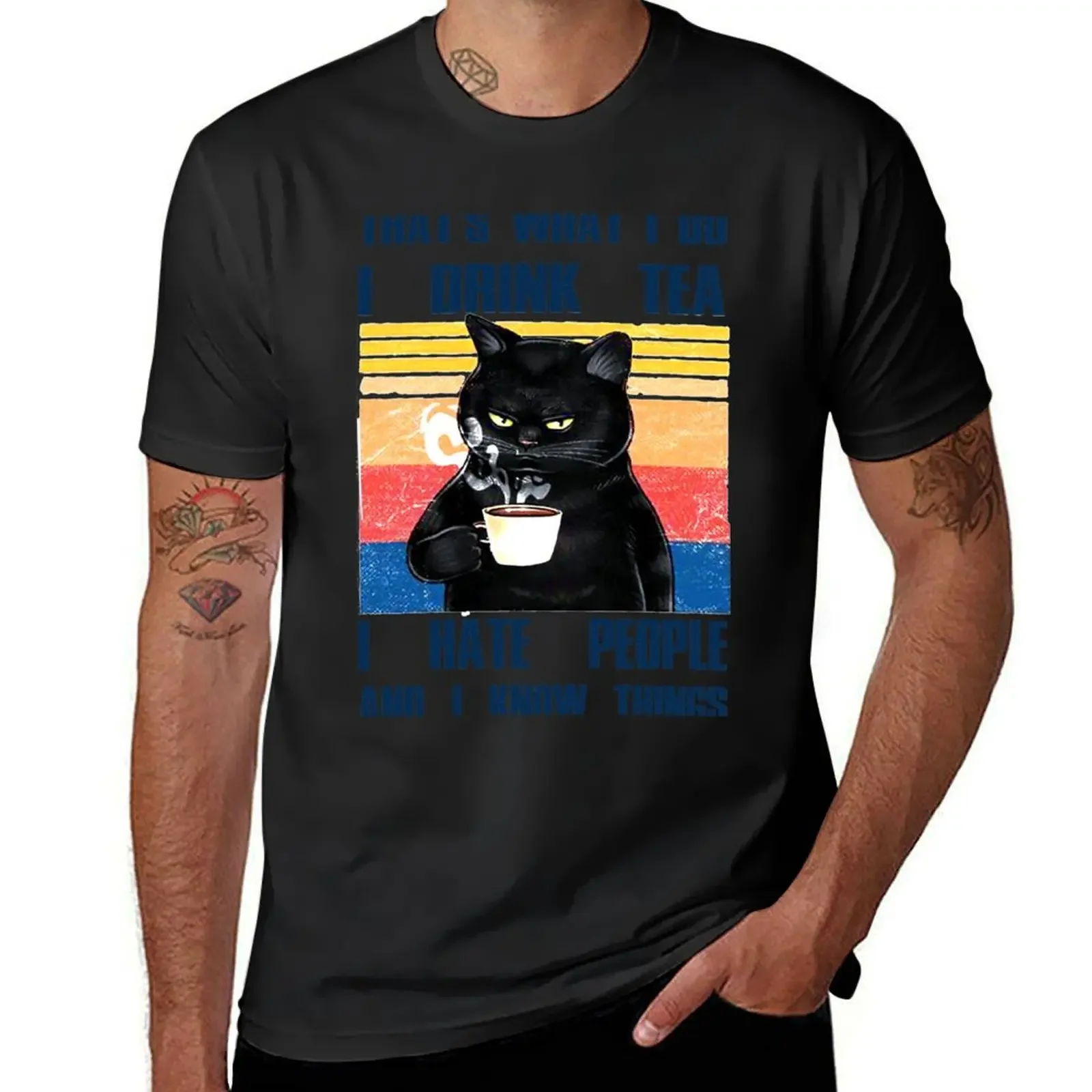 

Black Cat That's What I Do I Drink Tea I Hate People And Know Things T-Shirt graphic shirts blue archive vintage t shirt men