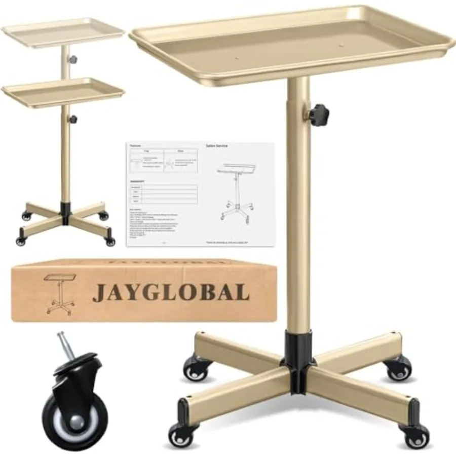 

Large Gold Salon Tray On Wheels, Premium Aluminum Rolling Tattoo Tray, Height Adjustable Tattoo Cart Trolley for Hairstylist Sa