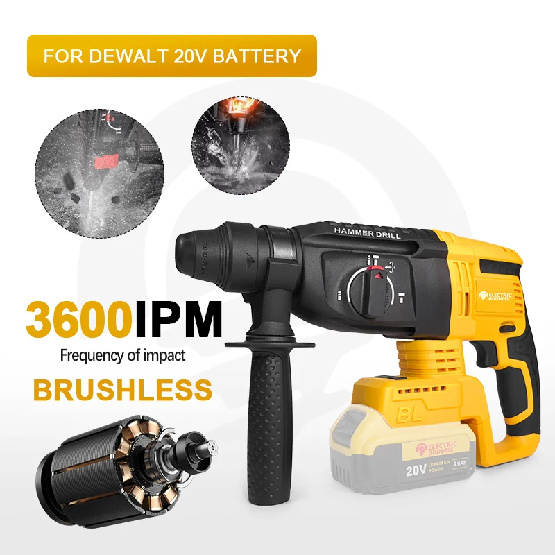 

Электрическая богиня, бесщеточный, 3600 об/мин, электрический ударный молоток, мощная дрель, ремонтная команда, электроинструменты для батареи Dewalt 20 В