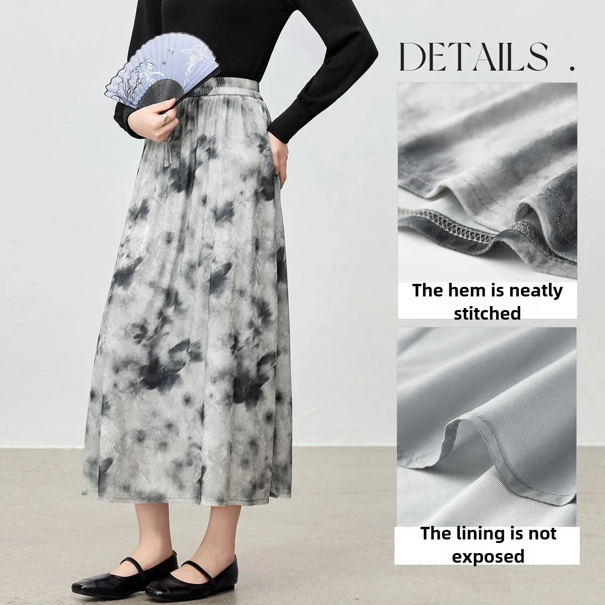 SENTUBILA Tie-Dye Print Velvet Midi Skirt for Women 2026 Spring Fall Elastic Waist Loose Elegant Skirt Woman Clothes Q53QG3502