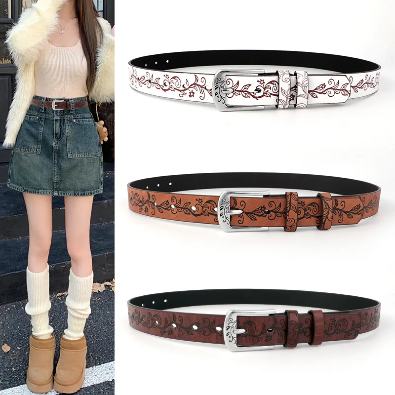Fashionable Embossed Leaf-Patterned Buckle Leather Belt  Trendy Retro Ethnic-Inspired and Versatile Casual Women’s Belts