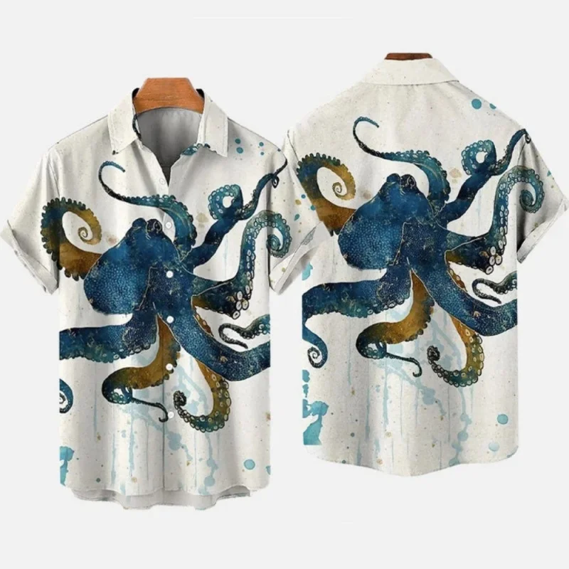 Colorful Tentacles Graphic Beach Shirt For Men Marine Animal 3D Print Hawaiian Shirts Summer Vacation Loose Short Sleeve Blouse