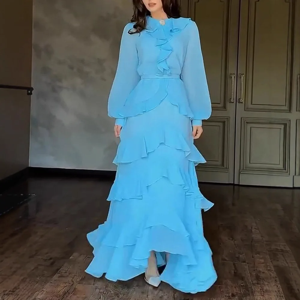 Estilo francês strass em torno do pescoço lanterna manga assimétrico vestido com zíper voltar em camadas plissado chiffon vestido de noite com cinto