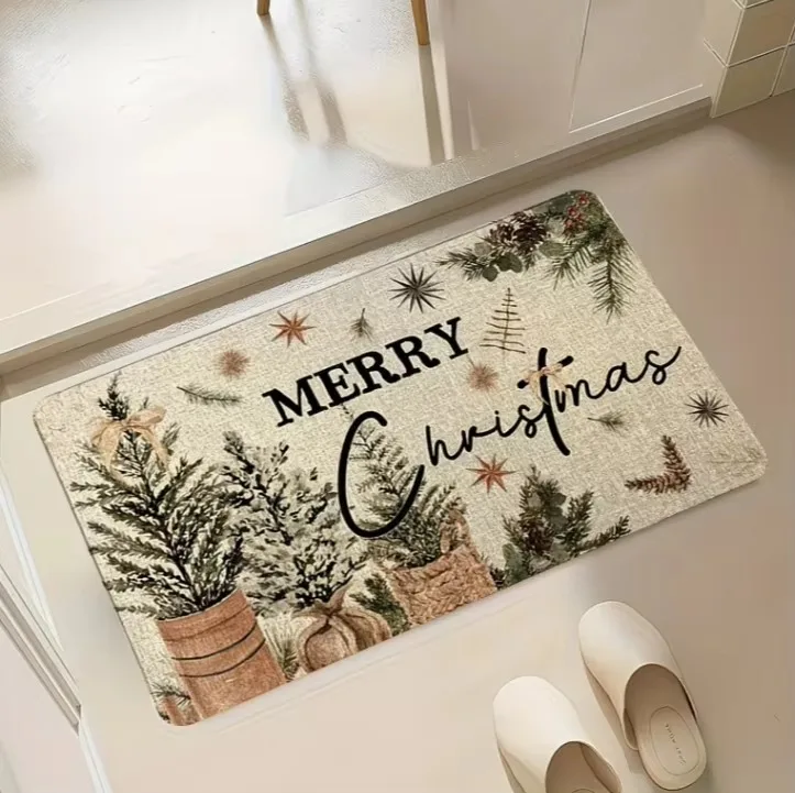 A Christmas-Themed Item Featuring A Vintage Design Along with A Doormat, Which Is Machine Washable and Suitable for Living Rooms