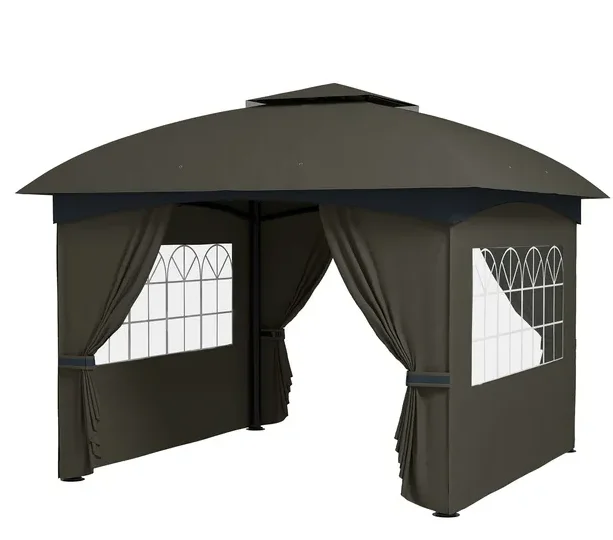 

Уличная беседка Outsunny 11 x 11 футов, беседка для патио с двойной крышей и шторами, церковные окна, каркас из оцинкованной стали, темно-серый
