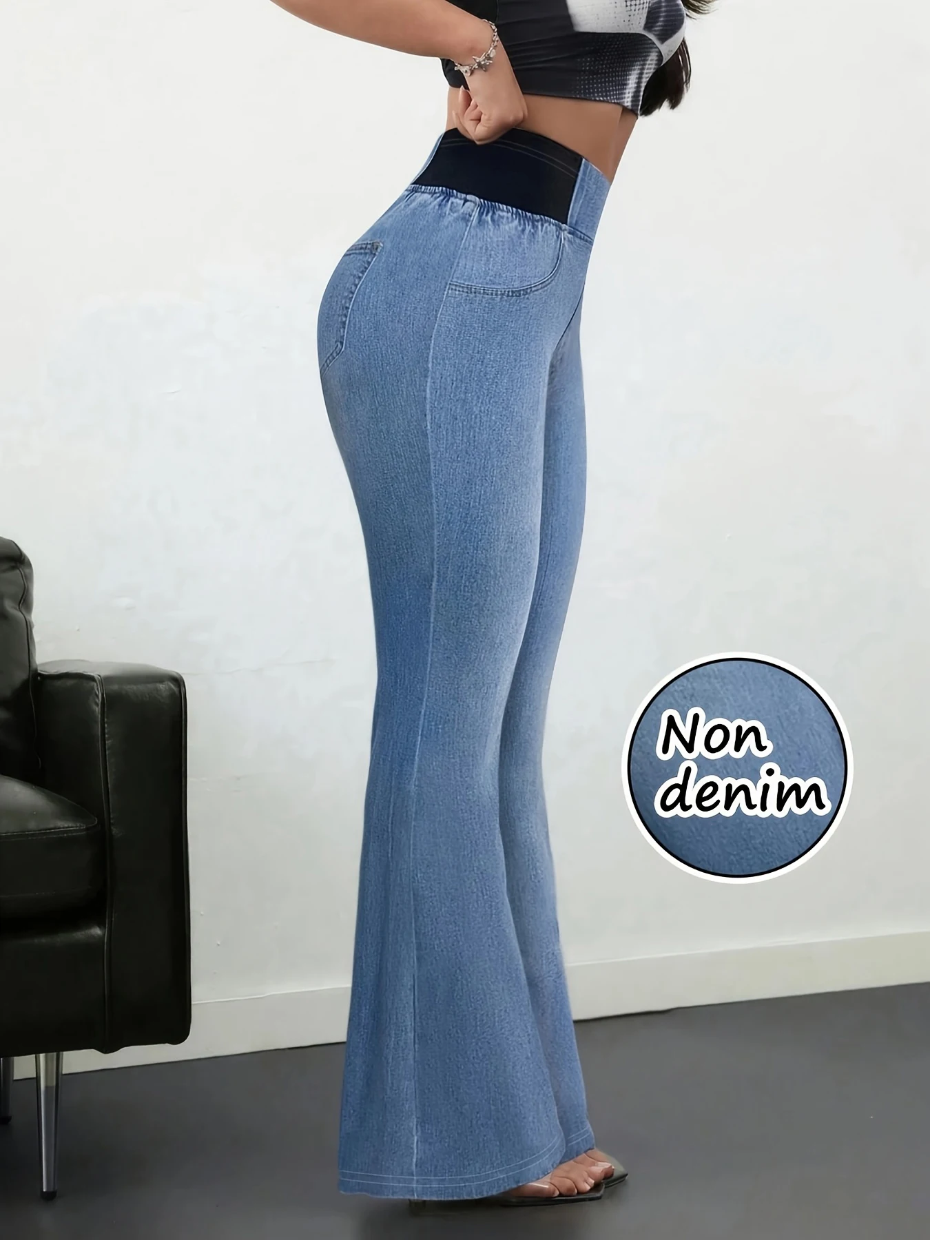 Women's Imitation Denim Flared Jeans, High Waist Stretchy Leggings Booty Lifting Casual Pants Trousers for Casual Streetwear