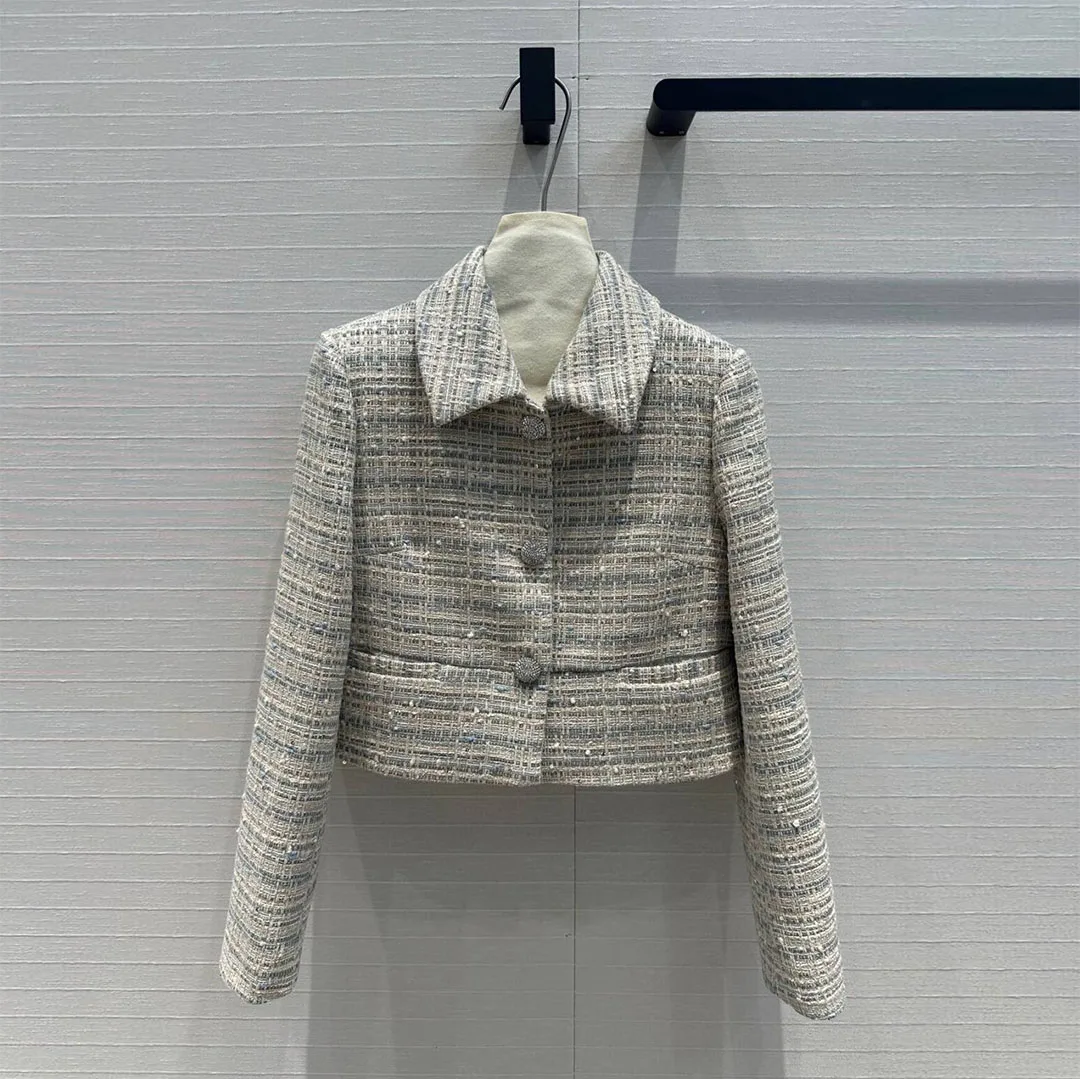 

2024 Early Autumn Sequins Embroidered Vintage Tweed Jacket Women Lapel Long Sleeve Diamonds Buttons Stripes Short Slim Cute Coat