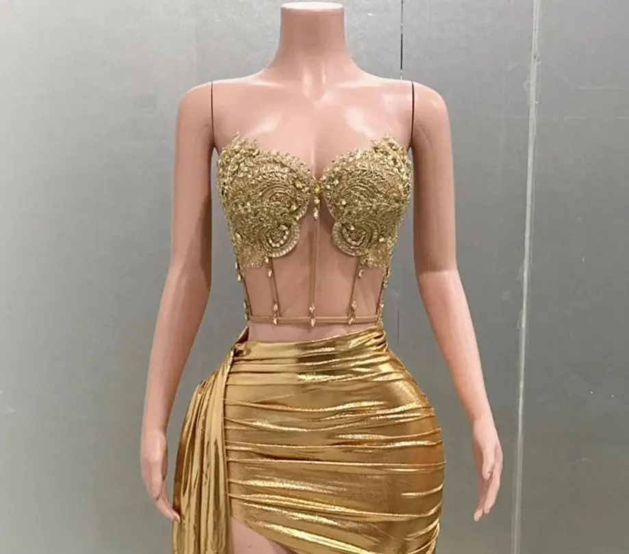 Gold Color Women Sexy 2 Pieces Strapless Bodycon Mini Dress Bar Singer Nightclub Party Celebrate Birthday Dress Wholesale