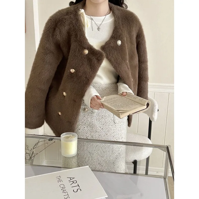 Women Anti-season Round Neck Small Fragrant Wind  Mink Plush Coat  Short Simple Fashion Thickened Faux Fur Coat Young Models