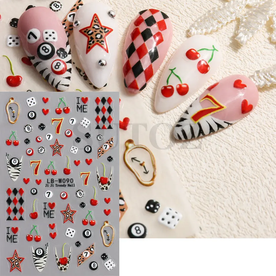 1pcs Cherry NO.8 Black Billiards Ball Nail Art Stickers Lucky Seven Dice Poker Stars Leopard Flame Pool Ball DIY Manicure Decals