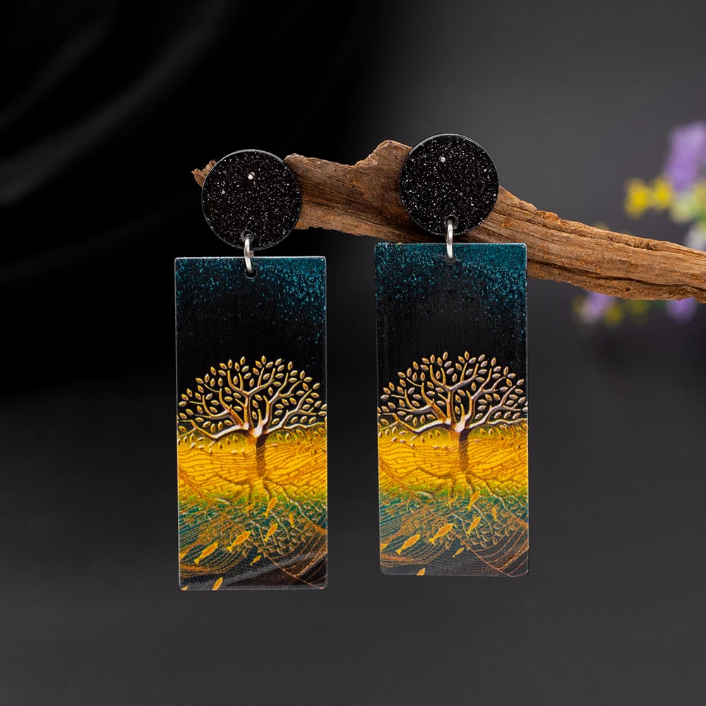 Fashion Auspicious Style Gold Color Tree Of Life Relievo Printing Acrylic Vintage Earrings For Women Trend 2025 Elegant Jewelry