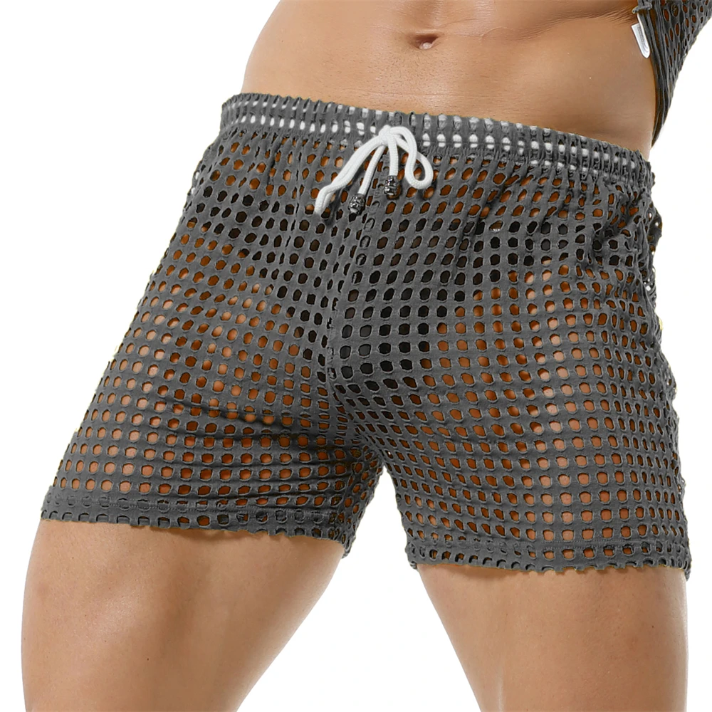 Breathable Mens Sexy Mesh Fishnet Causal Shorts Loose Men Hollow Out Beach Bikini Swim Trunks Drawstring Sport Gym Lounge Shorts