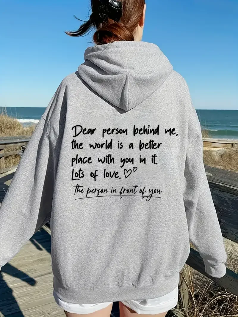 Dear Person Behind Me Letter Print Simple Hoodie, Casual Drawstring Kangaroo Pocket Hoodies Sweatshirt, Women\'s Clothing