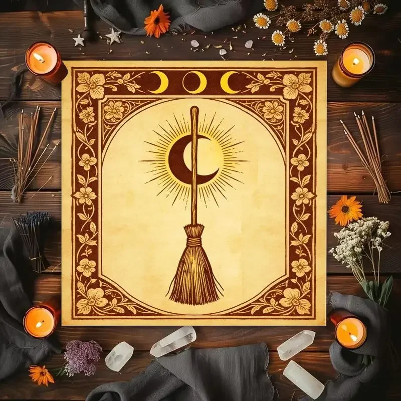 Three Phase Moon Witch Broom Retro Flower Altar Cloth Tarot Card Tablecloth Wicka Divination Ceremony Mat