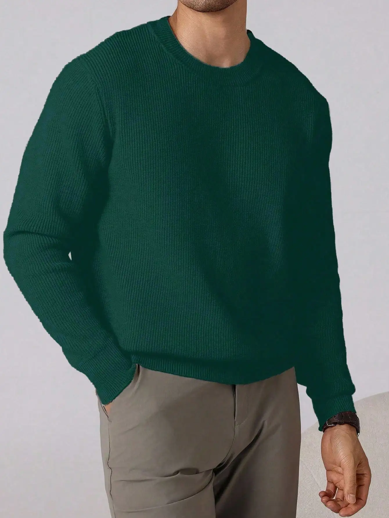 

Мужской однотонный зеленый свитер с круглым вырезом и ребристой вязкой, повседневный топ с длинными рукавами для осени и зимы