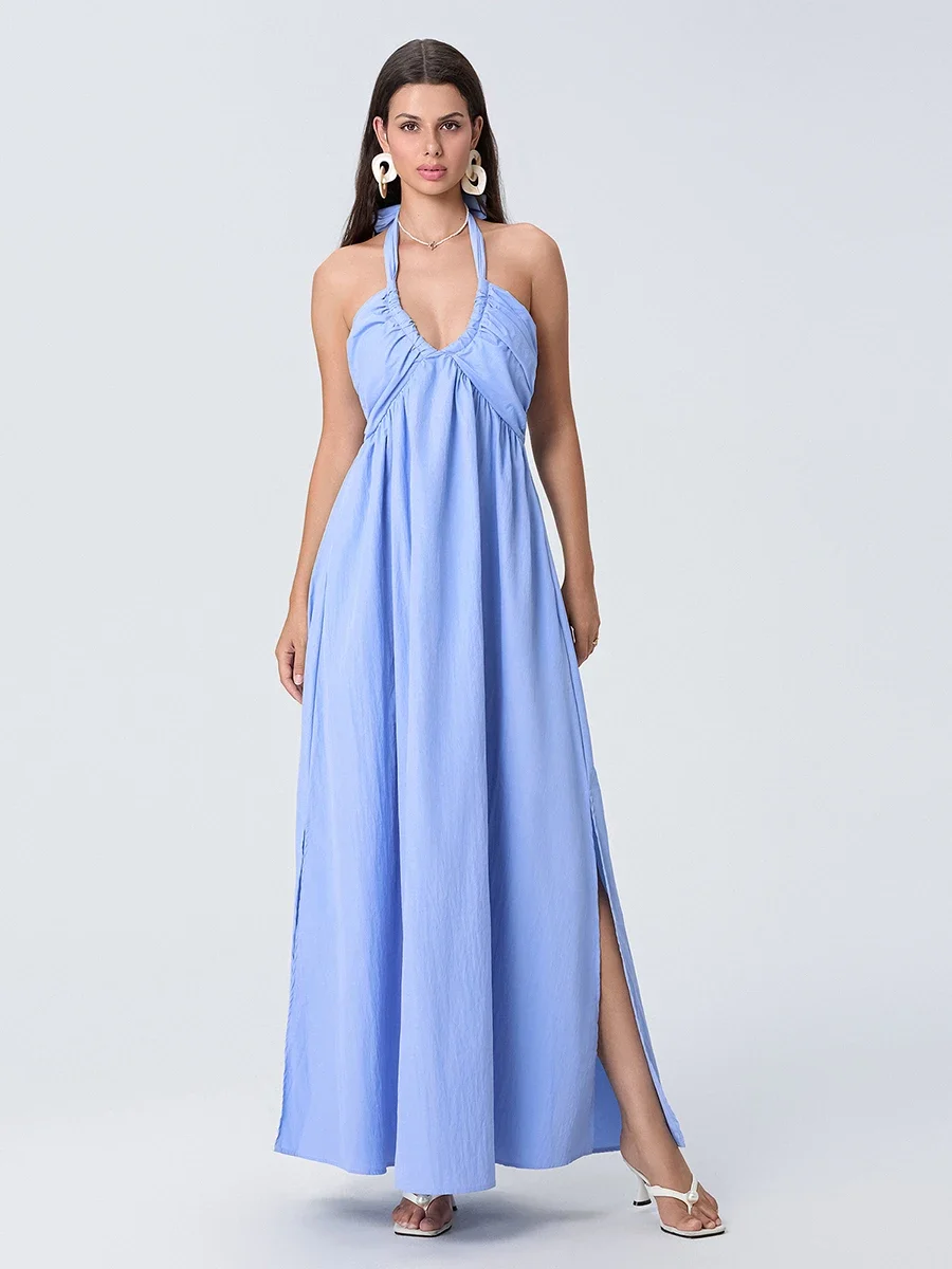

New Women Summer Casual Long Dress Solid Color Tie-Up Halter Neck Sleeveless Dress Beach Holiday Backless Dress S-XL