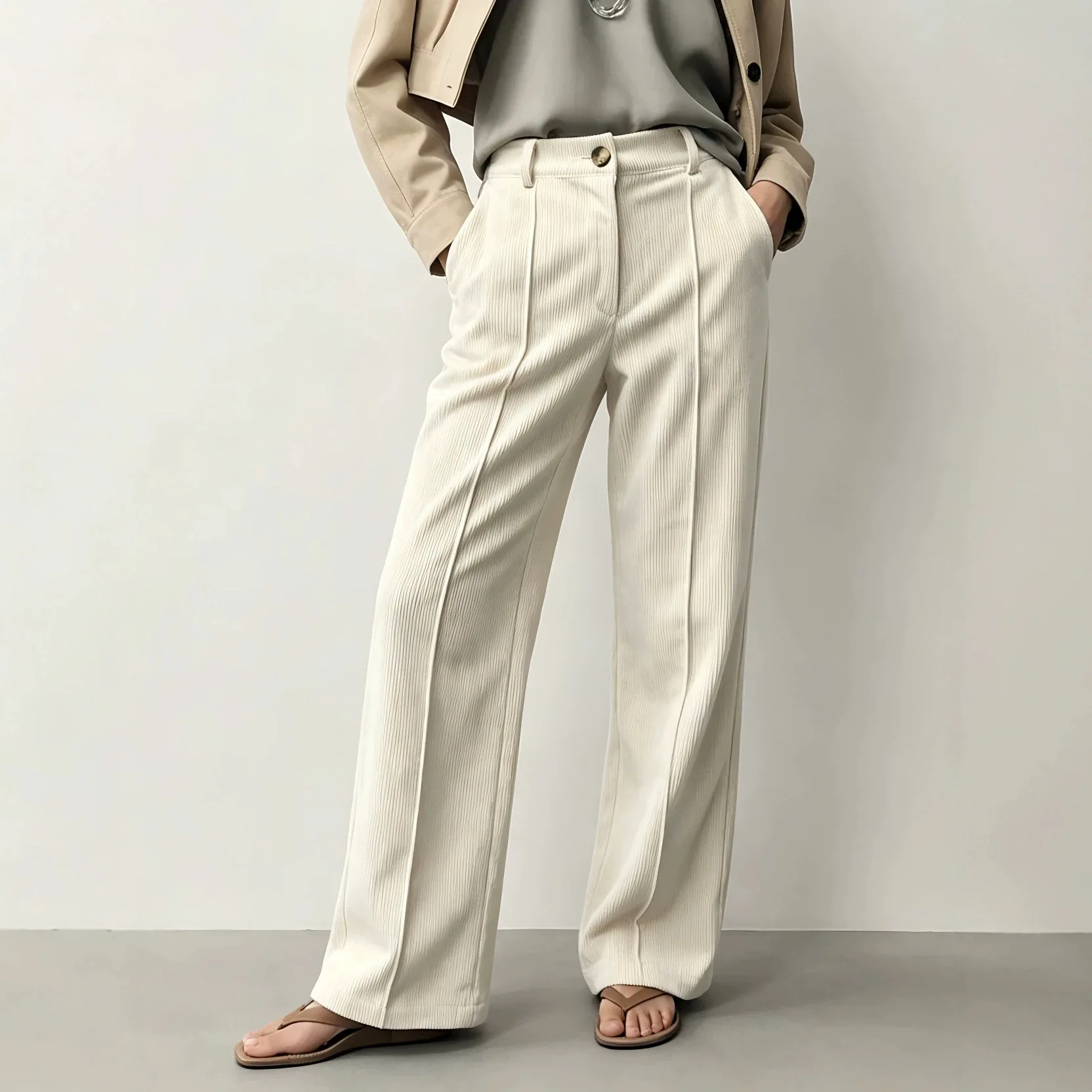 Women's Corduroy Wide Leg Pants High Waist Front Pleat Solid Color Comfortable Versatile Commute Casual Daily Wear Long Trousers