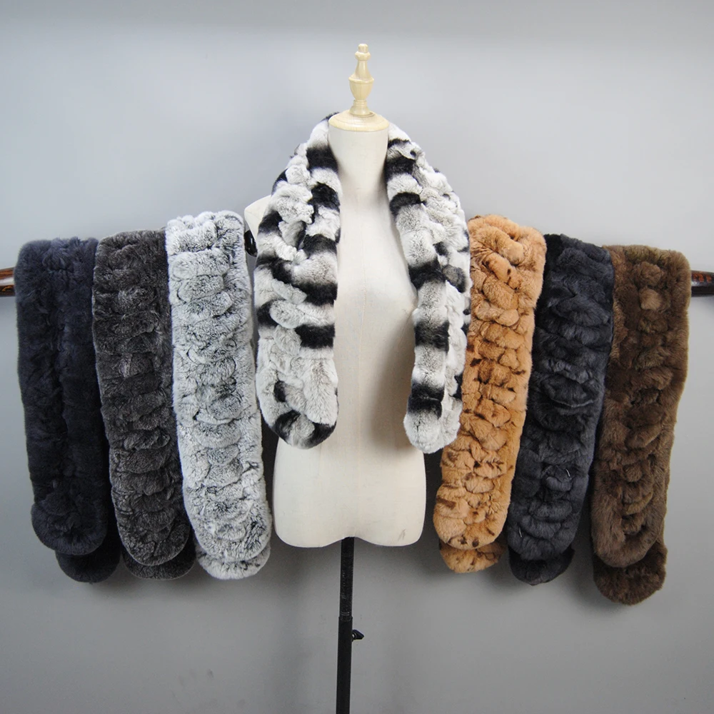 Winter Women Knitted Real Rex Rabbit Fur Scarf Natural Soft Long Style Rex Rabbit Fur Muffler Lady Warm 100% Genuine Fur Scarves