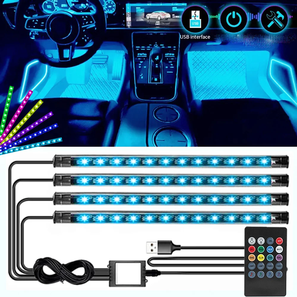 

Комплект светодиодного внутреннего освещения автомобиля, 4 шт., RGB-питание от USB, красочные фонари для нижней части стопы с синхронизацией музыки для повышенной атмосферы, Рождества
