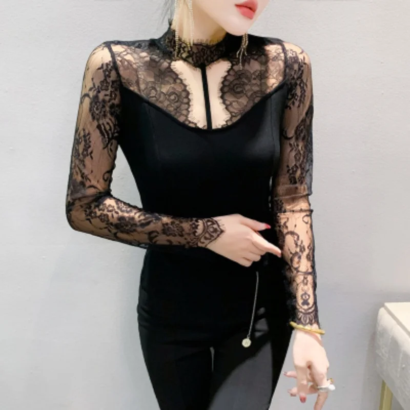 High-End Lace Patchwork Warm T-shirt Women's Autumn Winter New Long Sleeved Tshirt Femme Sexy Hollow Out Off Shoulder Base Top