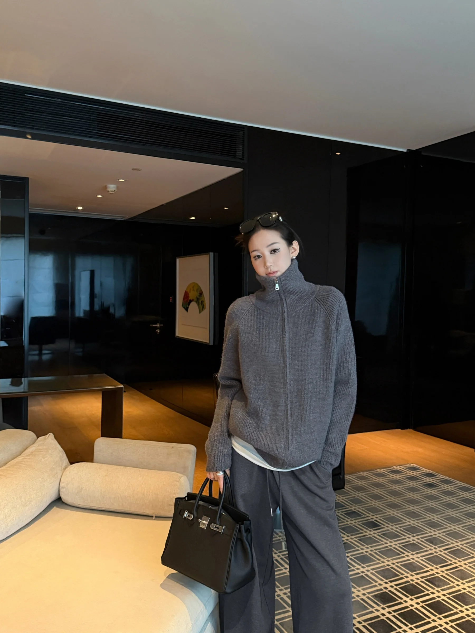 

5werkwen Main Line Series Women's Knitted High Collar Zipper Sweater Heavy Weight Long Sve Cardigan Coat Autumn Winter Fas...