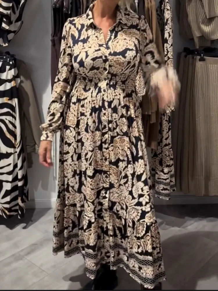 Robe ample imprimée pour femmes, mode, manches longues, col rabattu, boutons, décontractée, vacances, vêtements pour femmes, nouvelle collection printemps