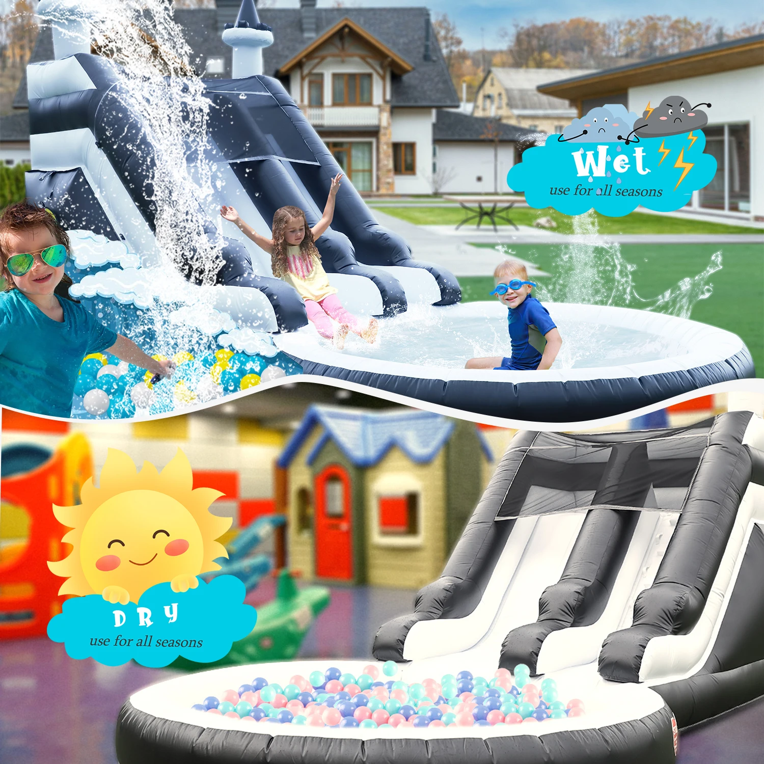 インフレータブル黒夏屋外 Sildes エアバウンス水アミューズメント遊具インフレータブル水ダブルスライドバブルボールピット