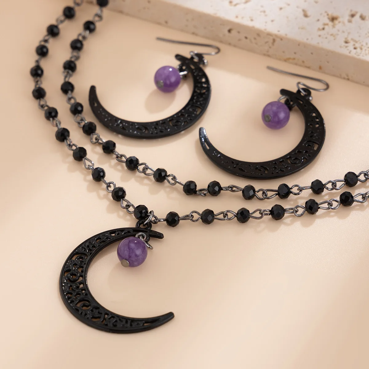 Crystal Bead Chain Necklace Cutout Moon Pendant Gothic Chic Durable Lightweight Versatile Jewelry for Women Night Out