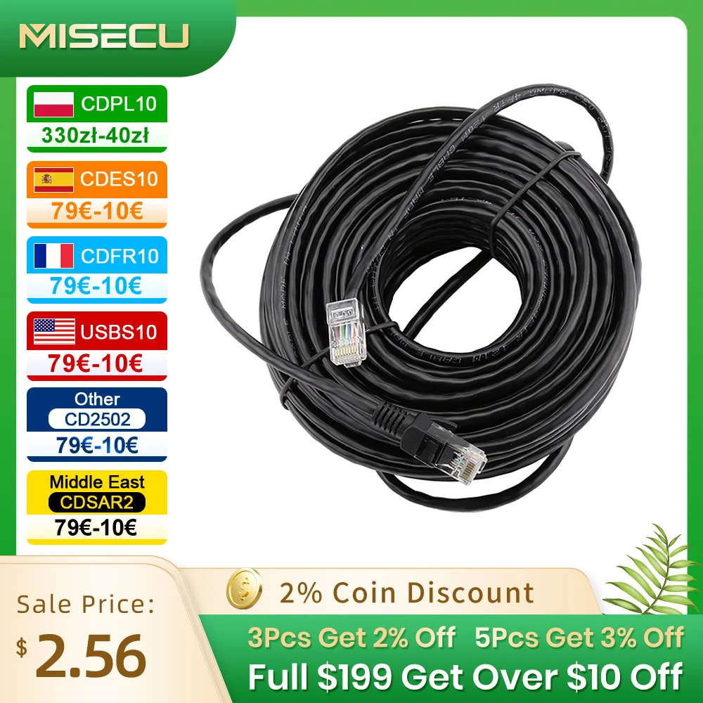 MISECU10M 20M 30M 50M cat RJ45 Patch Outdoor Waterproof Lan Cable Cord Network Cables Black Color For CCTV POE IP Camera System