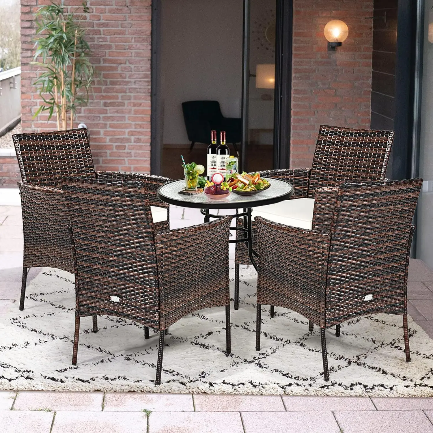 

RELAX4LIFE Wicker Patio Chairs Set of 4, Indoor Outdoor PE Rattan Armchairs w/Cane Back, Seat Cushions for Bistro Porch Poolside