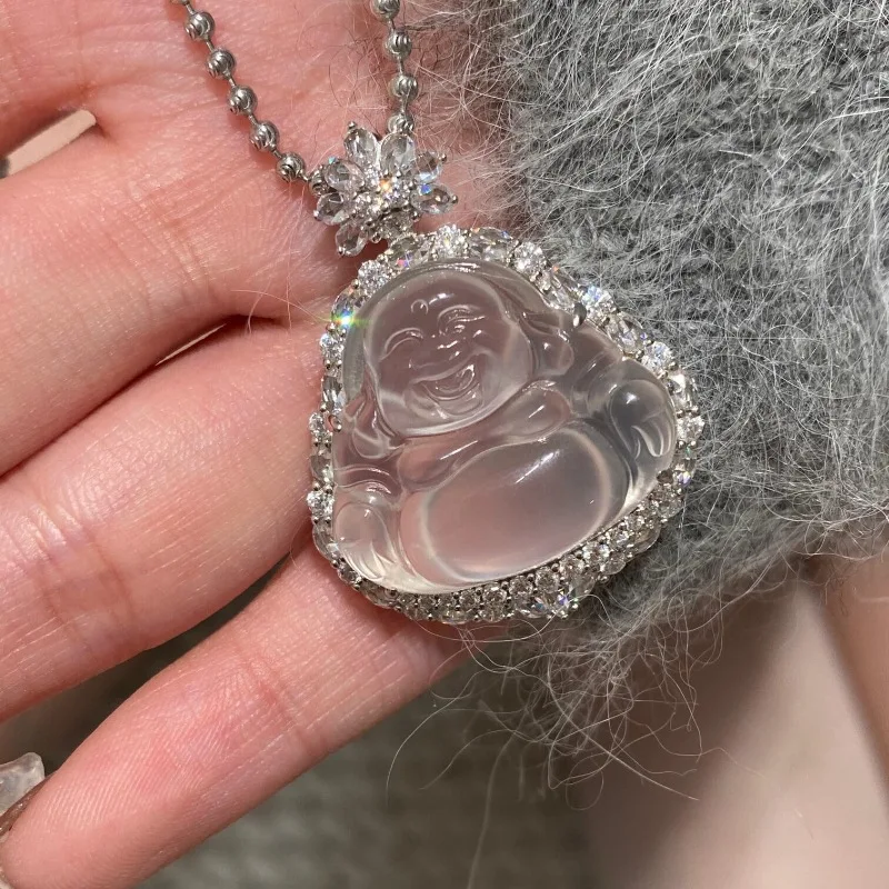 

Винтажное винтажное новое китайское стильное прозрачное белое нефритовое ожерелье с подвеской в виде Будды, роскошное элегантное универсальное ожерелье на ключицу