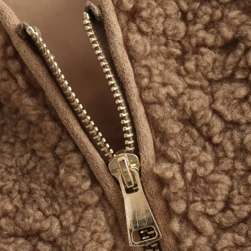 Winter Brown Faux Fur Coats Solid Zipper Stylish O-neck Furry Jacket Fluffy Zip-up Offce Lady Luxury Faux Lamb Plush Coat Casual