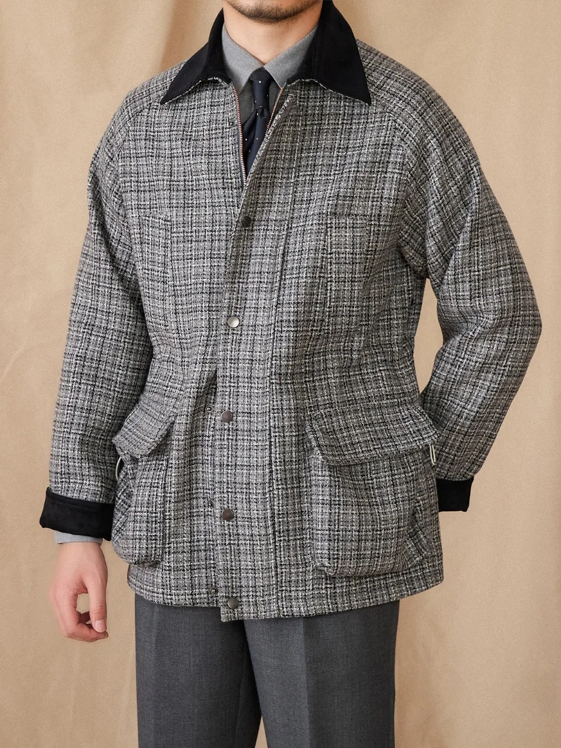 

Faionable Autumn Winter Plaid Hunting Jaet Men's Wool Blend Warm Coat Retro Briti Sle Stand Fit Long Sve Zipper