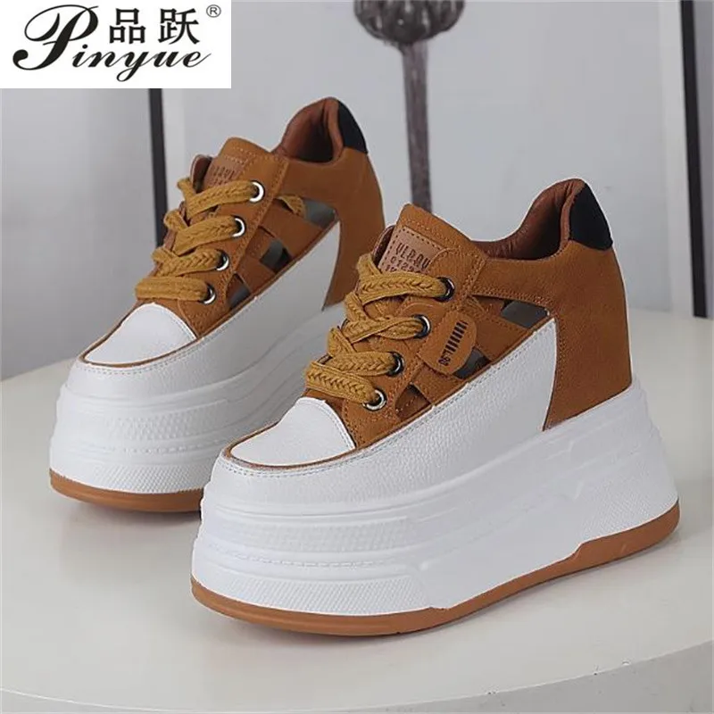 

10CM 12CM Hollow Full Cow Genuine Leather Women Summer Shoes Platform Sneakers Wedge Hidden Heel Women Summer Sandals Platform