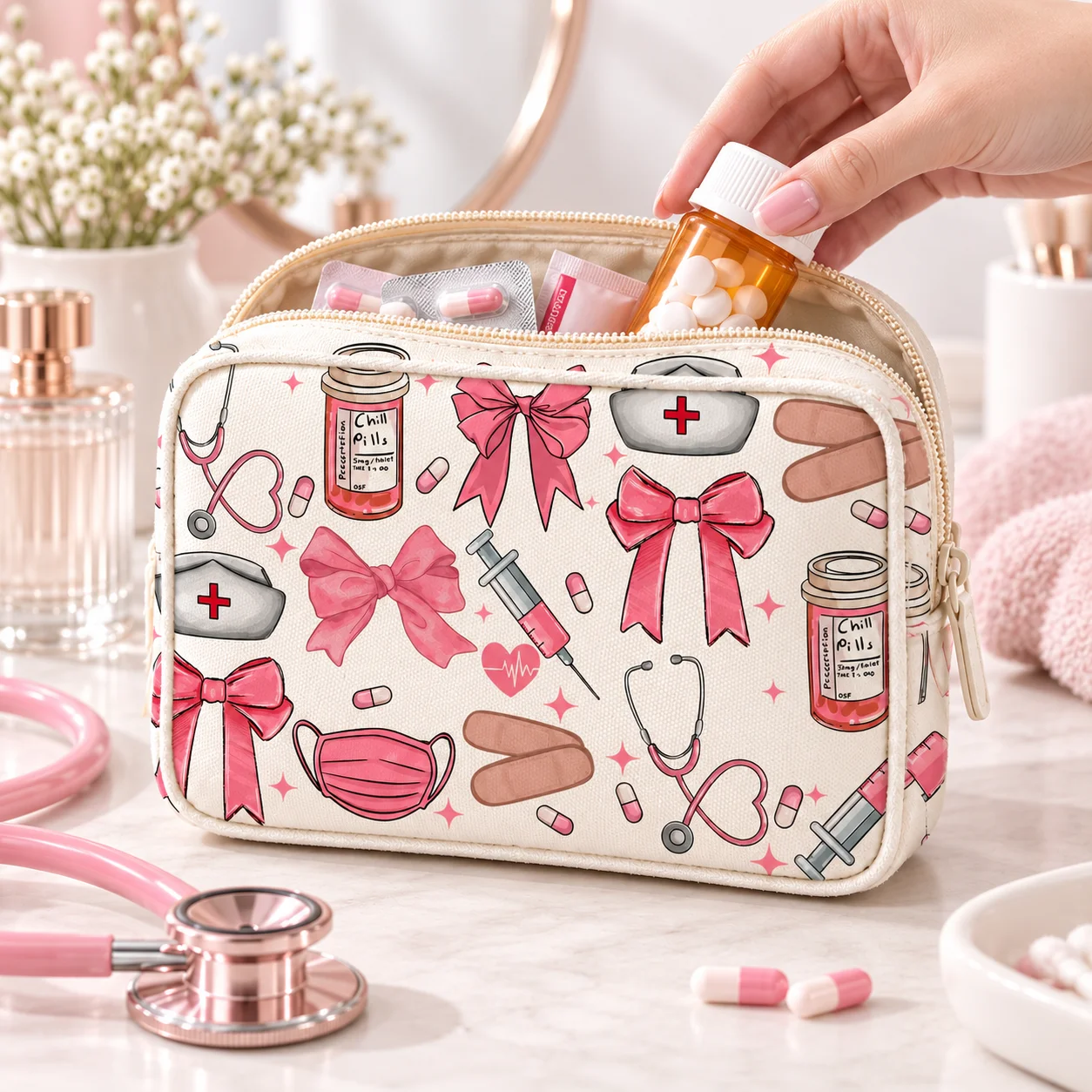 Nurse Medical Pouch Cute Pink Canvas Medicine Bag Travel First Aid Organizer Prescription Storage Case Healthcare Zipper Pouch