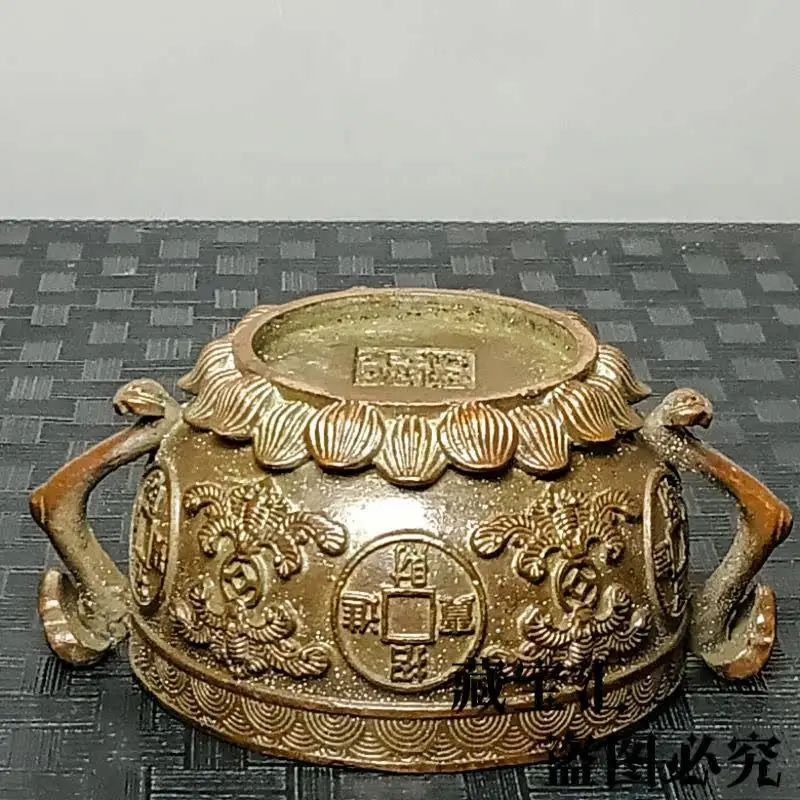 Vintage Old Hand Carved Qianlong Mark Copper Ruyi Double Ear Incense Burner Fortune Attracting Decor Statue