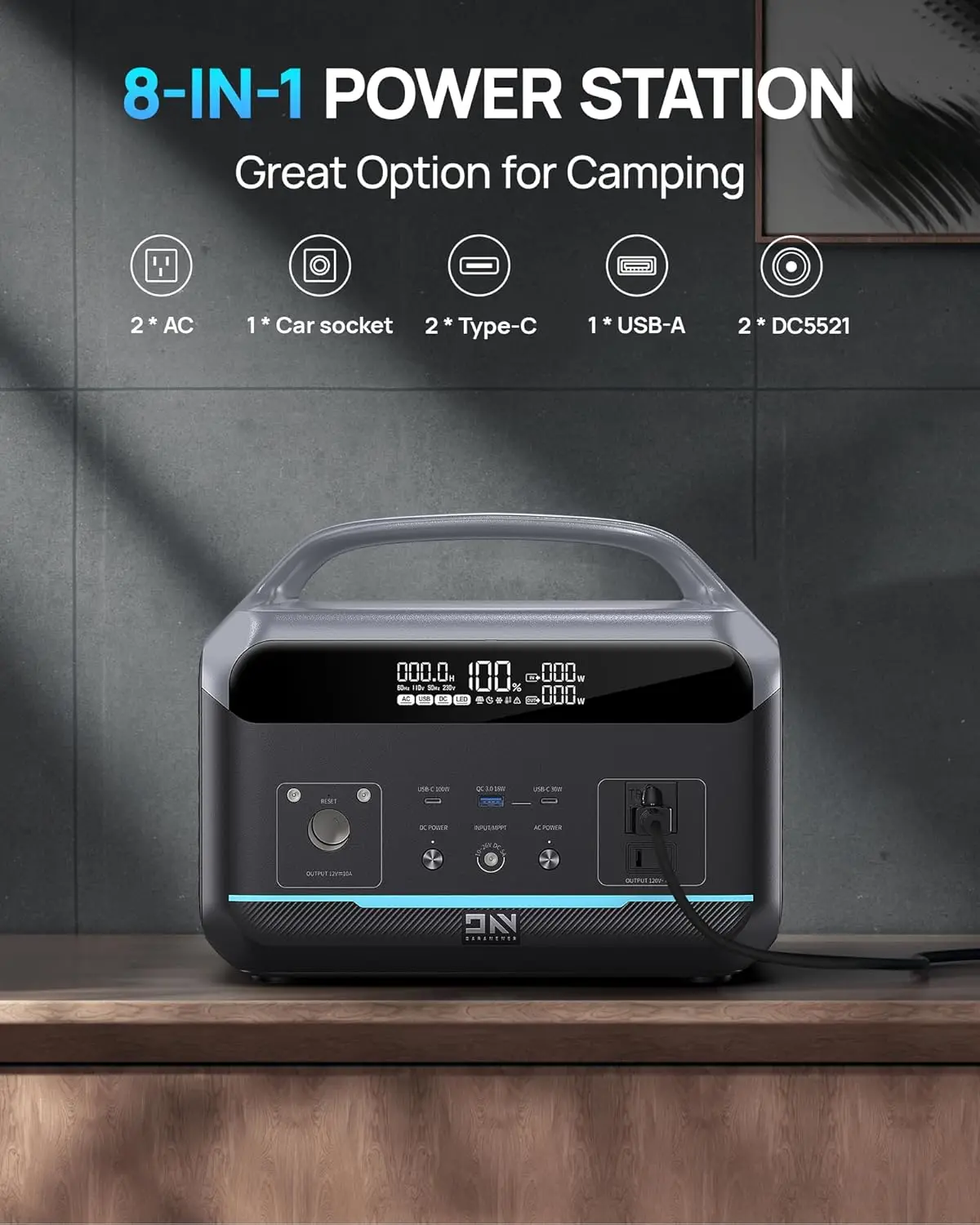 Portable Power Station 600W, 299Wh LiFePO4 Battery Backup Power w/ 2 600W(Peak 1200W) AC Outlets, 1.3H Fast Charging