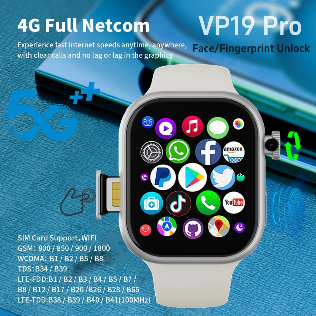 VP19 Pro Android Touch ID 5G Smartwatch 1580Mah batterie Smartwatch avec caméra extractible 800W téléchargement gratuit APP WIFI GPS Amoled