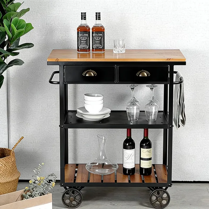 Solid wood wrought iron movable with wheels, side cabinet, dining cart, dining table, kitchen cooking table