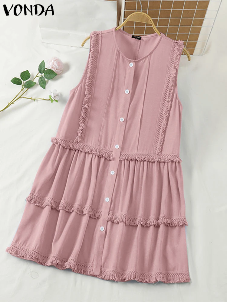 

VONDA Sleeveless Summer Mini Dress 2024 Women Casual Solid Color Vestidos French Sweet Tank Sundress Bohemian Tassel Robe Femme