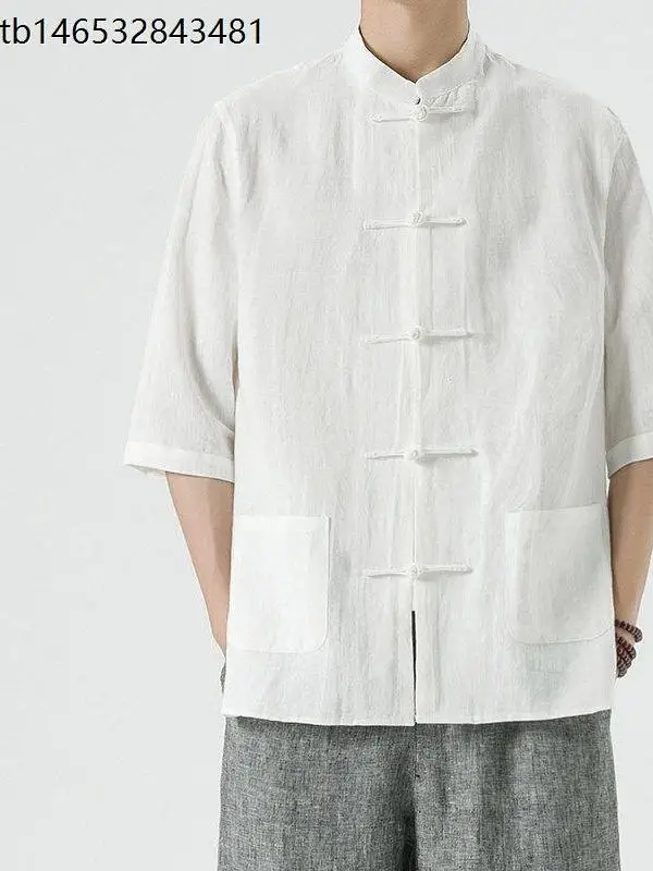 Summer New Men's Cotton Linen Short Sleeve Shirt Chinese Style Button up Five-Button Loose Fit Citywalk Fashion Youth Clothing