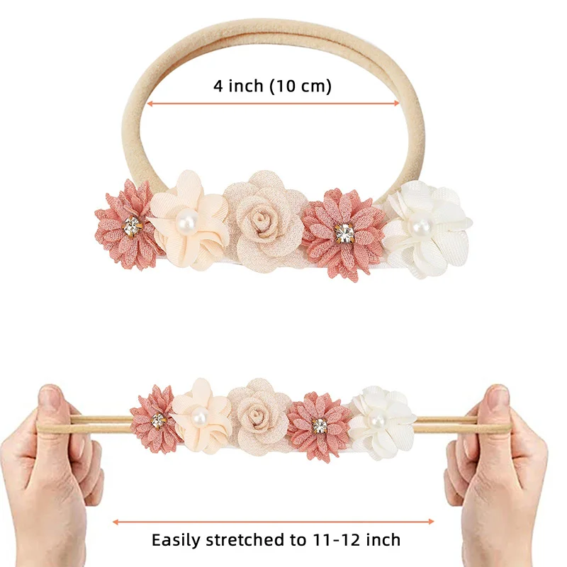 Linda diadema para niña, diadema elástica con flores y perlas para bebés, banda para el cabello de nailon, diademas para niños pequeños con flores