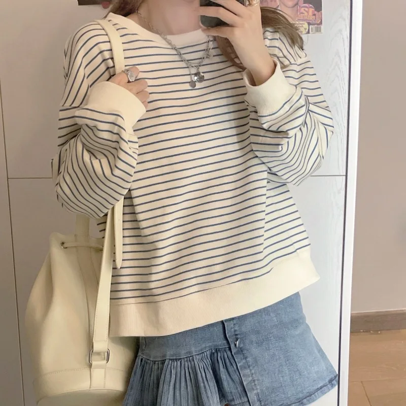 Damen Herbst Aprikosenfarben Gestreiftes Neues T-Shirt Mädchen Studenten Koreanischer Stil Locker Sitzendes Oberteil Sweatshirt Rundhals Pullover Langarm T-Shirt – Detail 7